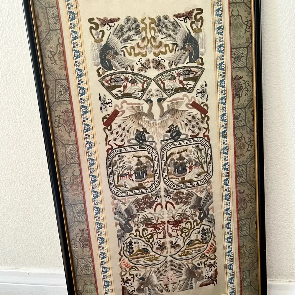 Vintage Chinese Silk Embroidery Panel 26x13